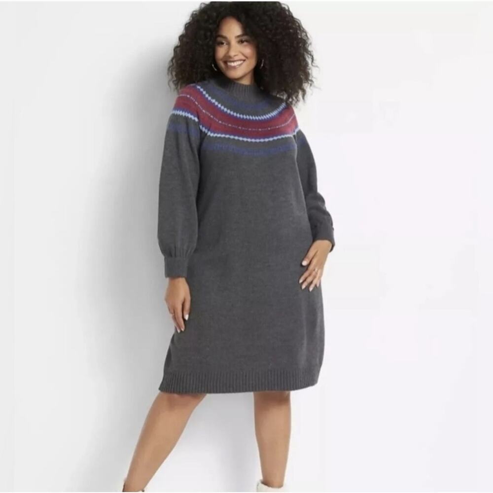 Lane Bryant Fair Isle Heather Gray L/S Mock Turtleneck Sweater Dress 14/16 NWOT